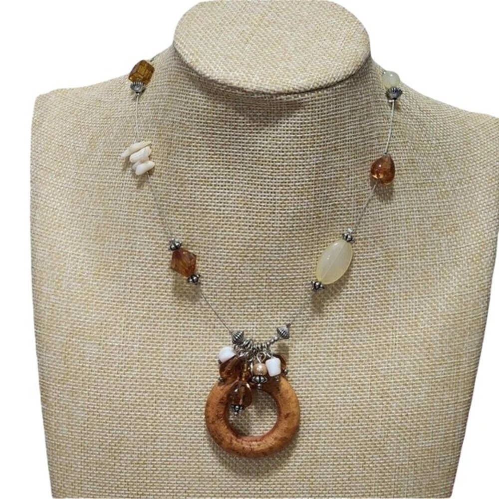 Treska Wood Ring Pendant Beaded Necklace Brown Amber Cream Boho NWT